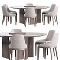 Modern Round Dining Table Set With Marble Top Wooden Base And Gray Upholstered Chairs