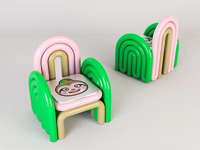 Cute Colorful Kids Leisure Chairs With Pink Green Beige Curved Backrests And Cartoon Face Seats 3d model
