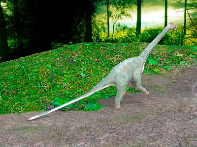 Long Neck Dinosaur Model Walking On Grassland With Green Vegetation And Trees 3d model