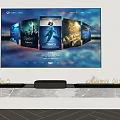 Smart TV Displaying Movie Posters With Soundbar On Flame Decorated TV Stand