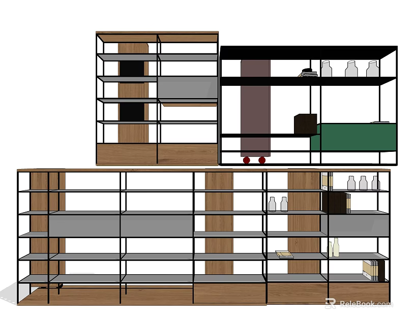 Modern Multi Tiered Bookcase Design With Wood Metal Frame Open Various Height Shelves 3d model 