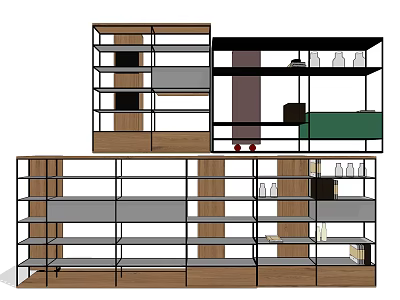 Modern Multi Tiered Bookcase Design With Wood Metal Frame Open Various Height Shelves 3d model