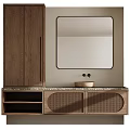 Bathroom Washbasin Vanity With Wooden Cabinet Woven Doors Square Mirror And Marble Top
