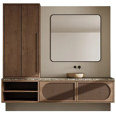 Bathroom Washbasin Vanity With Wooden Cabinet Woven Doors Square Mirror And Marble Top 3d model