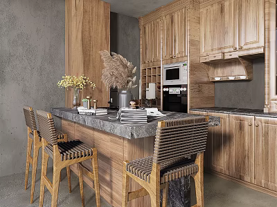 Warm Modern Kitchen Interior With Wooden Island Counter Chairs Decorative Flowers And Cabinets 3d model
