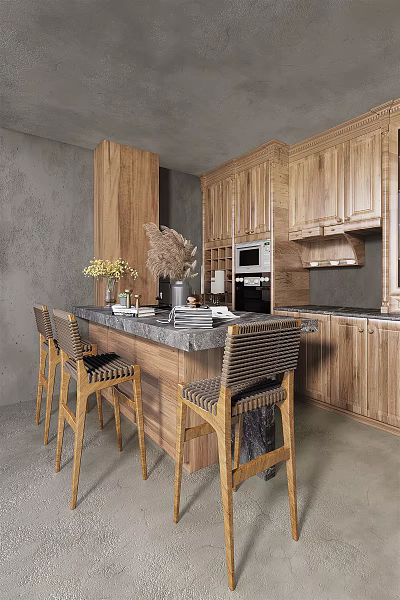 Warm Modern Kitchen Interior With Wooden Island Counter Chairs Decorative Flowers And Cabinets 3d model