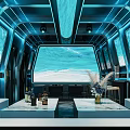 Modern KTV Interior Design With Blue Lighting Circular Window Sofa Bar Counter And Wine Bottles