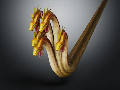 Mythical Five Headed Serpent Creature With Yellow Red Heads And Long Coiled Body 3d model