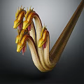 Mythical Five Headed Serpent Creature With Yellow Red Heads And Long Coiled Body