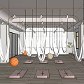 Modern Yoga Studio With Aerial Hammocks Yoga Mats And Orange Exercise Balls