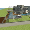 Modern Detached Villa With Large Glass Windows Flat Roof Lawn And Curved Driveway