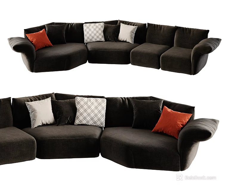 Dark Colored Modular Sofa With Orange White Checkered Gray Cushions And Modern Design 3d model