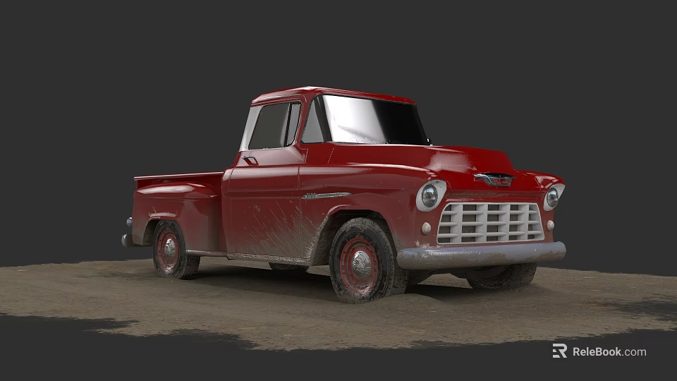 Vintage Red Pickup Truck With Muddy Exterior And Classic Design Details 3d model 