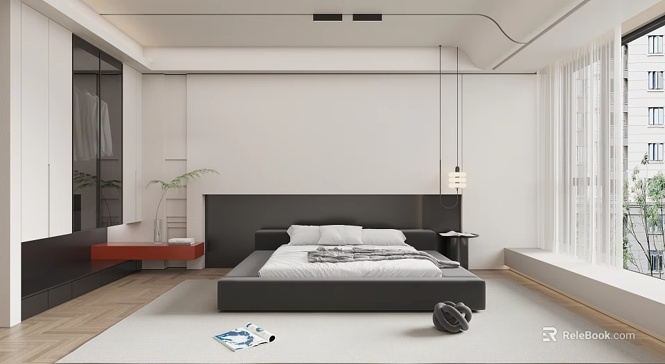 Modern Bedroom Interior With Black Headboard Bed White Bedding Side Table And Curtains 3d model 