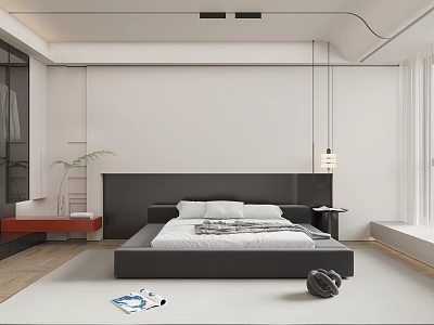 Modern Bedroom Interior With Black Headboard Bed White Bedding Side Table And Curtains 3d model