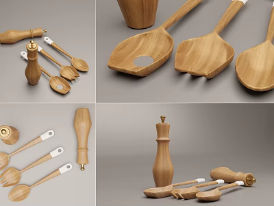 Wooden Kitchen Utensils Set Including Spoons Spatulas And Pepper Grinders 3d model