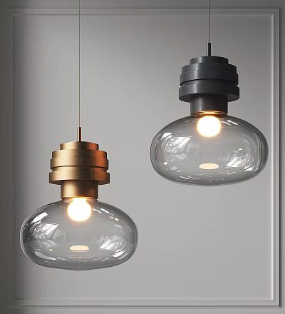 Two Stylish Pendant Lights Featuring Golden Black Bases Transparent Glass Shades And Lit Bulbs 3d model