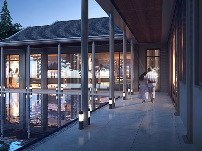 Modern Courtyard With Water Pool Columns Stone Floor And People Walking At Dusk 3d model
