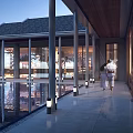 Modern Courtyard With Water Pool Columns Stone Floor And People Walking At Dusk