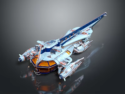 Futuristic Spaceship 3D Model With Blue White Design And Mechanical Orange Details 3d model