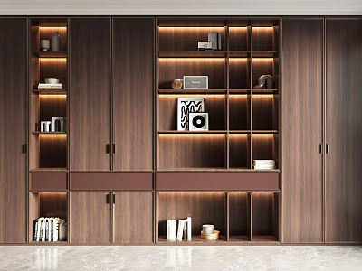 Modern Wooden Bookcase with LED Lighting Layered Shelves Decorative Items and Books 3d model