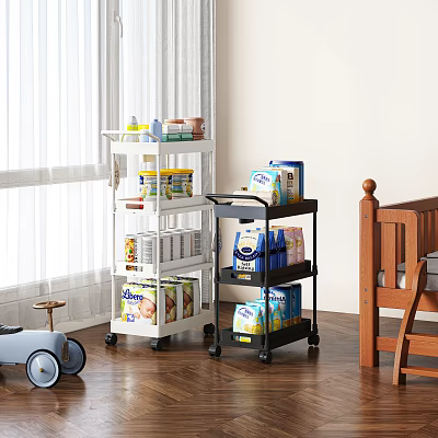 Multitier Wheeled Storage Racks For Home Organization With Food Containers And Supplies In Nursery Room 3d model