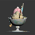 Colorful Ice Cream Sundae With Pink Bear Decoration Cookies And Candy Toppings In Pastel Bowl
