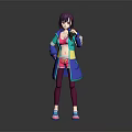 Anime Style Female Character With Purple Hair And Colorful Outfit