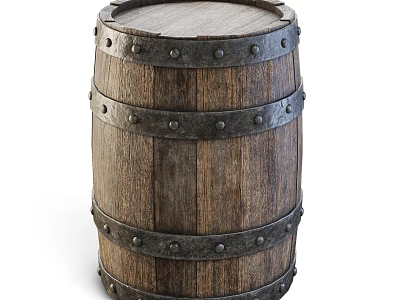 Wine Bottle and Wine Glass with Vintage Wooden Barrel Decorative Setup 3d model