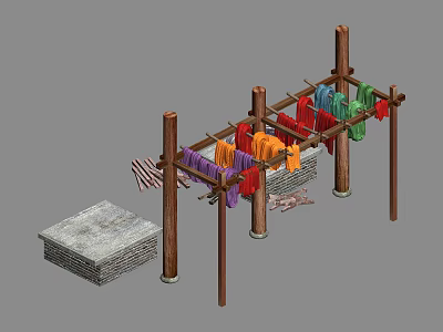Wooden Clothes Drying Rack With Colorful Hanging Clothes And Poles 3d model