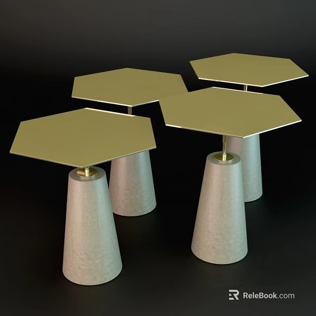 Modern Hexagonal Side Tables Set of Four With Gold Tabletop And Concrete Cone Bases 3d model 