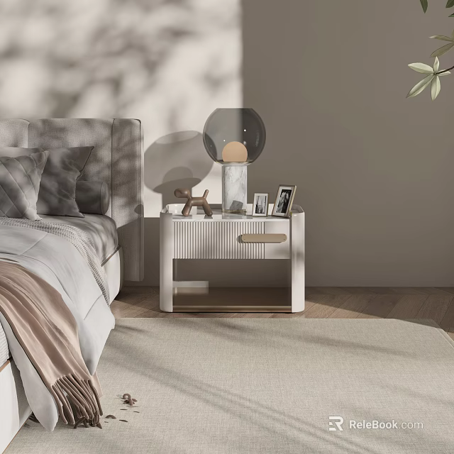 Modern Bedroom Nightstand with Textured Surface Lamp Photo Frame and Small Decor Beside Soft Bed 3d model 