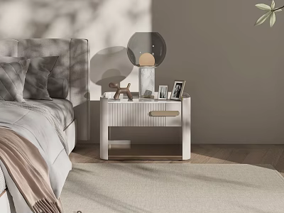 Modern Bedroom Nightstand with Textured Surface Lamp Photo Frame and Small Decor Beside Soft Bed 3d model