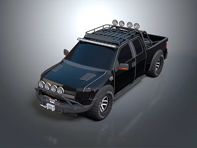 Black Pickup Truck With Roof Rack Lights Front Bumper And Off Road Tires 3d model