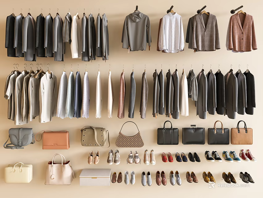 Stylish Clothing Collection With Bags And Shoes On Wall 3d model 