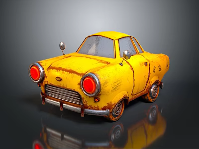 Vintage Yellow Small Car With Rusty Exterior Red Headlights And Classic Design 3d model
