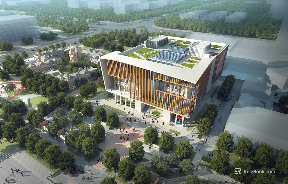 Modern Community Building With Green Roof And Wooden Facade Surrounded By Trees In Urban Area 3d model 