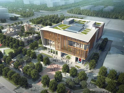 Modern Community Building With Green Roof And Wooden Facade Surrounded By Trees In Urban Area 3d model