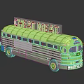 Green Vintage Bus With Illuminated Neon Sign Displaying GREAT MEAT On Top