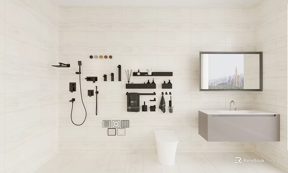 Modern Bathroom Fixtures With Shower Head Toilet Sink Storage Shelves White Tiles And Black Accessories 3d model 