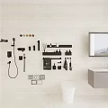 Modern Bathroom Fixtures With Shower Head Toilet Sink Storage Shelves White Tiles And Black Accessories