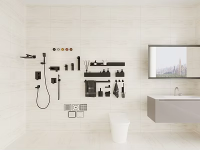 Modern Bathroom Fixtures With Shower Head Toilet Sink Storage Shelves White Tiles And Black Accessories 3d model