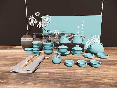Blue Ceramic Tea Set with Teapot Teacups Strainer and Traditional Tray 3d model