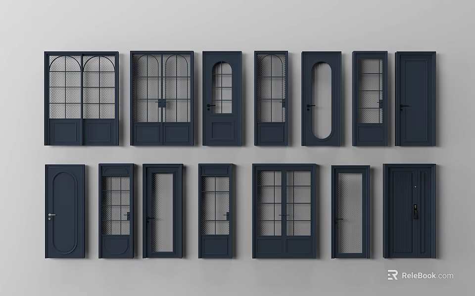 Assorted Modern Swing Doors Featuring Glass Panels and Diverse Design Styles 3d model