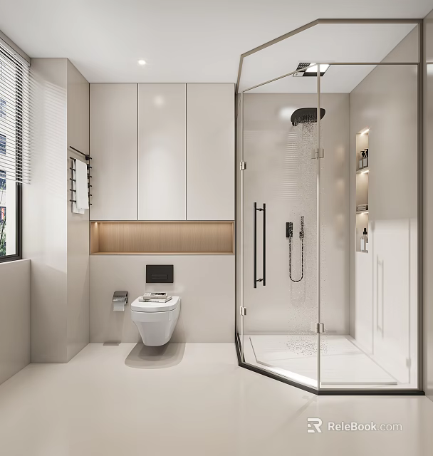 Modern Bathroom Interior Design With Glass Shower Toilet And Wall Mounted Cabinets 3d model 