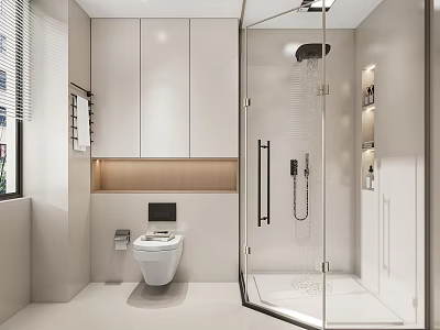 Modern Bathroom Interior Design With Glass Shower Toilet And Wall Mounted Cabinets 3d model