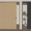 Light Wood And Dark Gray Interior Sliding Doors With Open Panel And Plant Background