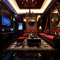 Luxurious KTV Interior Design With Red Gold Sofas Chandeliers And Patterned Carpets 3d model