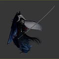 Game Movie Character With White Hair Black Red Outfit Large Blue Black Wings Holding Long Sword Fantasy Style