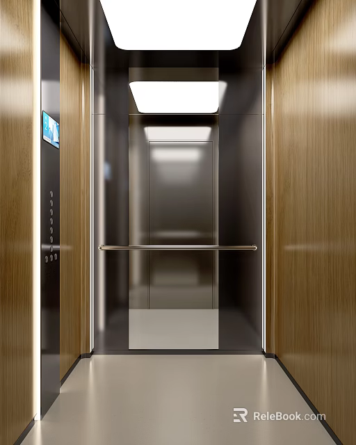 Modern Elevator Interior With Wooden Panels Metal Handrail And Control 3d model 